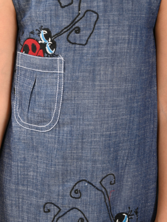 Bugs Applique Solid Fit n Flare Sleeveless Denim Dress