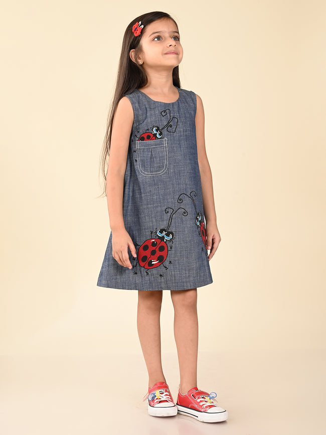 Bugs Applique Solid Fit n Flare Sleeveless Denim Dress