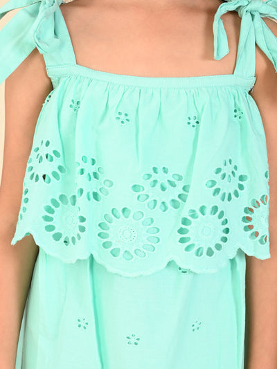 Schiffli Embroidered Shoulder Tieup Frilled Shift Dress