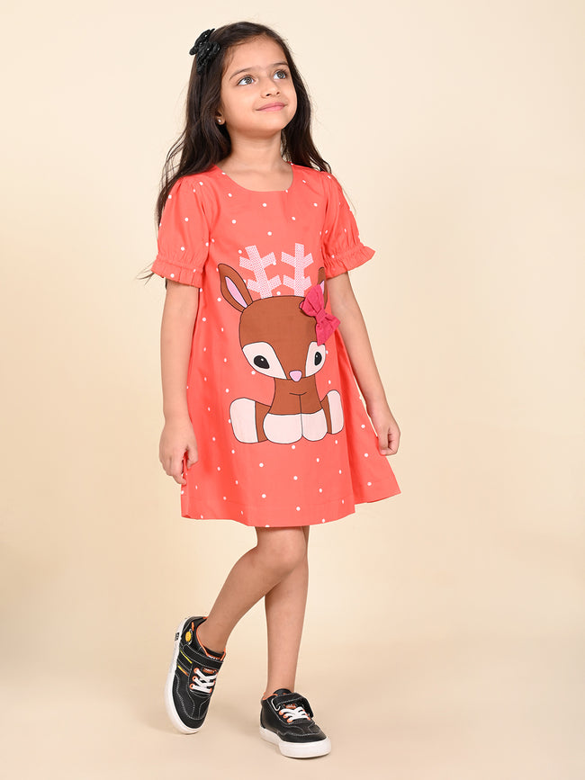Baby Deer Printed Polka Bow A-line Dress