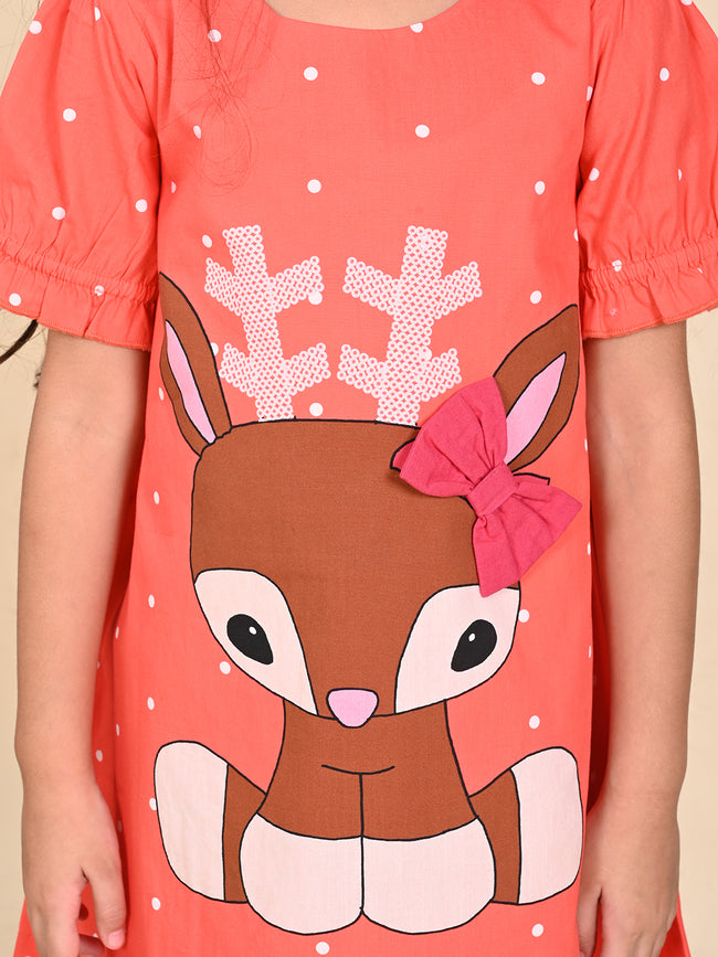 Baby Deer Printed Polka Bow A-line Dress
