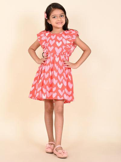 Heart Printed Sleeveless Ruffle Fit n Flare Dress