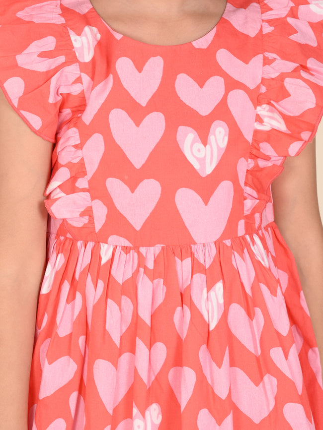 Heart Printed Sleeveless Ruffle Fit n Flare Dress