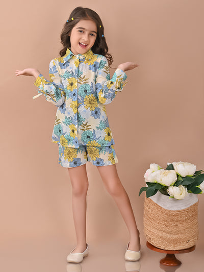 Floral Printed Full Sleeves Shirt Top with Shorts