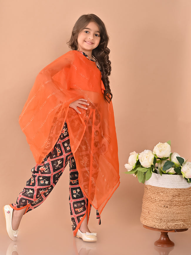 One Shoulder Stylish Top Dhoti Set with Tie-up Shrug