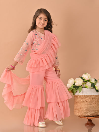 Zardozi Embellished Top and Flared Sharara Set with Attached Dupatta