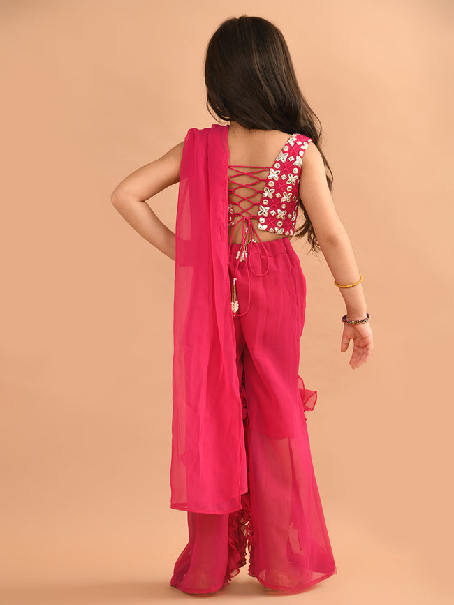 Embellished Top and Ruffle Sharara Set with Attached Dupatta