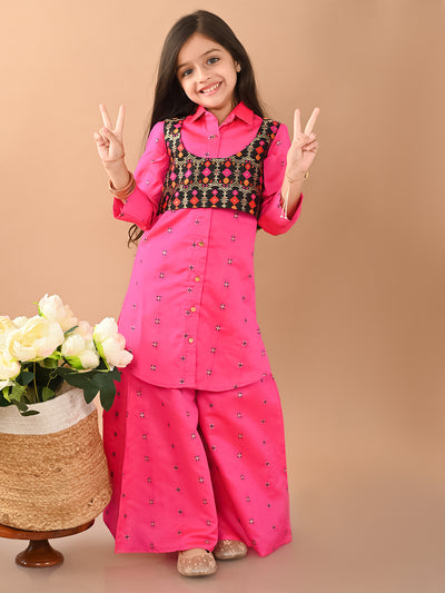 Printed Button Down Shirt Kurta Palazzo Set with Jacket