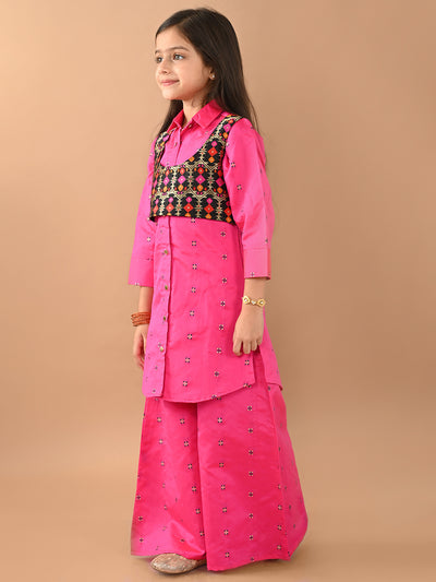 Printed Button Down Shirt Kurta Palazzo Set with Jacket