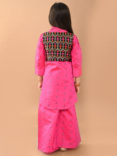 Printed Button Down Shirt Kurta Palazzo Set with Jacket