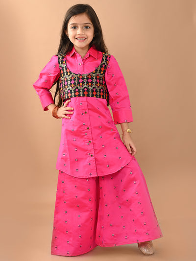 Printed Button Down Shirt Kurta Palazzo Set with Jacket