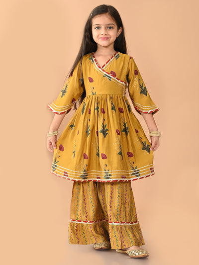 Floral Printed Gota Patti Embellished Angrakha Kurta with Sharara Set