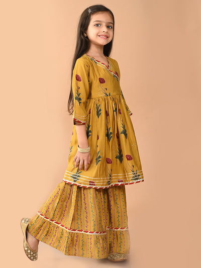 Floral Printed Gota Patti Embellished Angrakha Kurta with Sharara Set