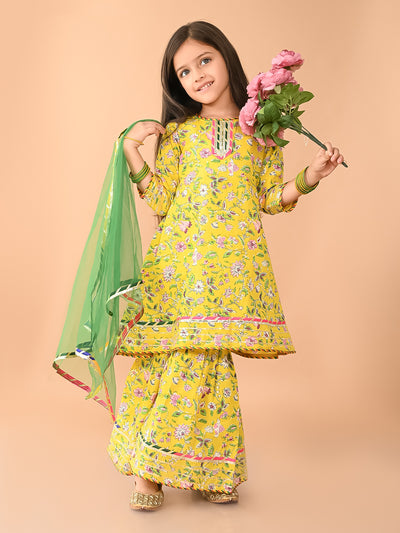 Floral Printed Gota Patti Embellished Empire Kurta Sharara Set with Dupatta