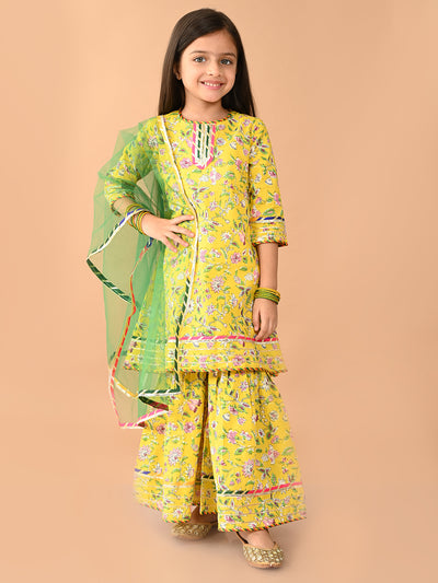 Floral Printed Gota Patti Embellished Empire Kurta Sharara Set with Dupatta