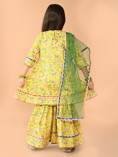 Floral Printed Gota Patti Embellished Empire Kurta Sharara Set with Dupatta