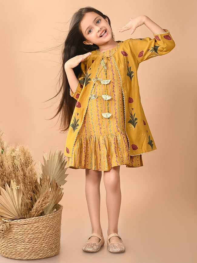 Ethnic Printed Dropwaist Dress with Gota Patti Embellished Shrug