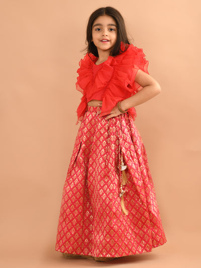 Ruffle Sleeveless Blouse with Brocade Flared Lehenga Set