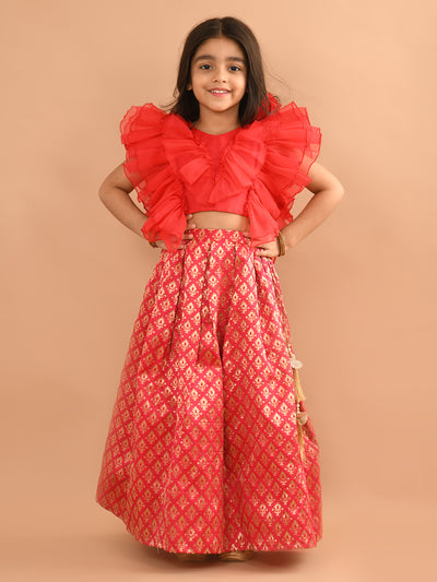 Ruffle Sleeveless Blouse with Brocade Flared Lehenga Set