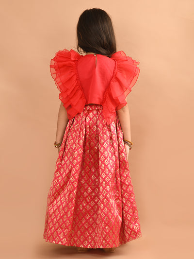 Ruffle Sleeveless Blouse with Brocade Flared Lehenga Set