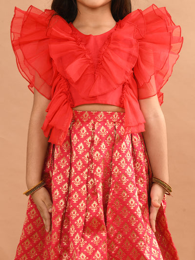 Ruffle Sleeveless Blouse with Brocade Flared Lehenga Set