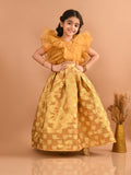 Ruffle Sleeveless Blouse with Brocade Flared Lehenga Set