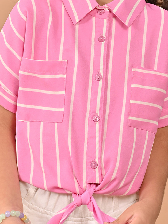 Vertical Stripes Crop Knot Tie-up Shirt Pocket Top