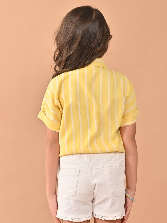 Vertical Stripes Crop Knot Tie-up Shirt Pocket Top