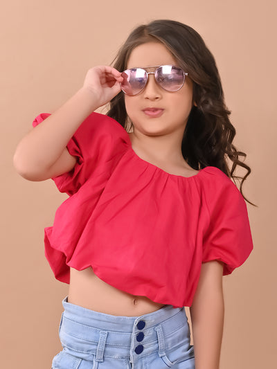 Solid Balloon Crop Cotton Top