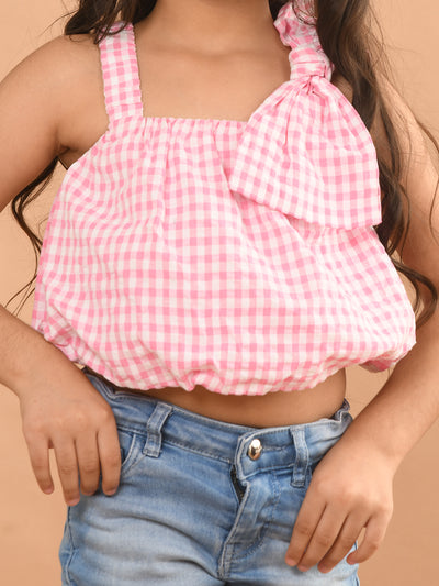 Checkered Printed Sleeveless Bow Crop Top