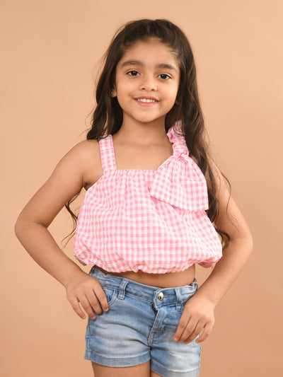 Checkered Printed Sleeveless Bow Crop Top