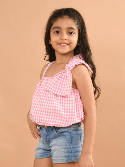 Checkered Printed Sleeveless Bow Crop Top