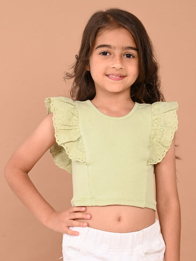 Schiffli Sleeves Slim Fit Solid Crop Top