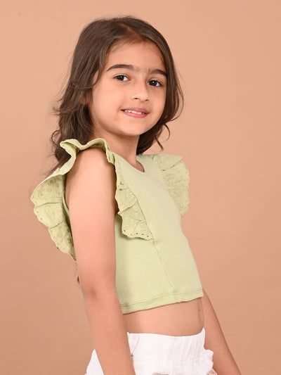 Schiffli Sleeves Slim Fit Solid Crop Top