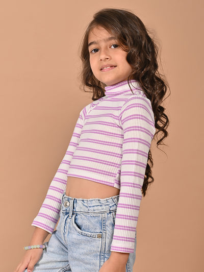 Horizontal Stripes Full Sleeves Slim Fit High Neck Crop Top
