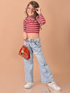 Horizontal Stripes Full Sleeves Slim Fit High Neck Crop Top