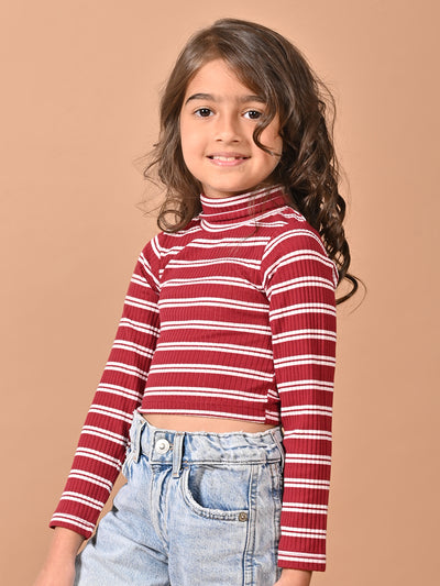 Horizontal Stripes Full Sleeves Slim Fit High Neck Crop Top