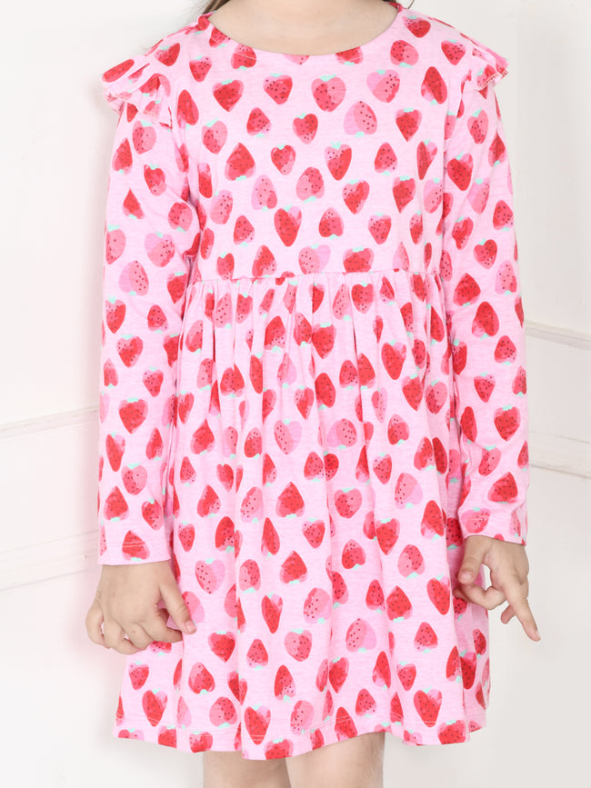 LilPicks Strawberry Print Pink Full Sleeves Dress