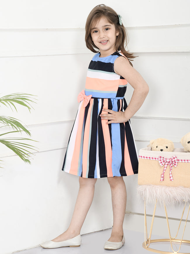 Orange & Blue Striped Dress for Girls with a Bow