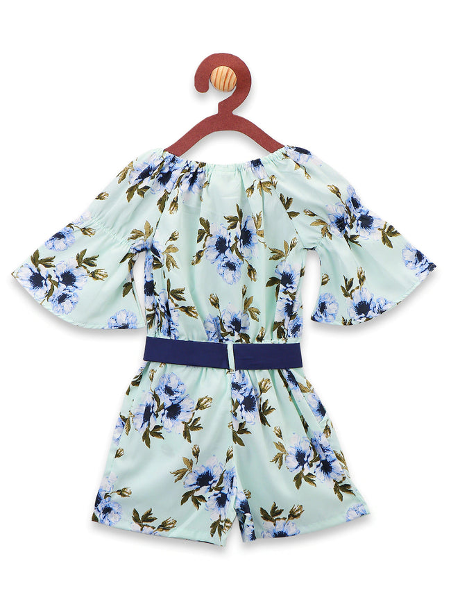 Sky Blue Floral Print Bell Sleeves Jumpsuit