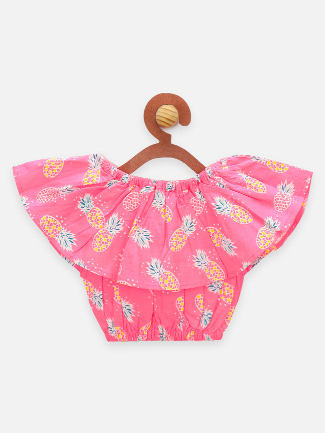 Pineapple Neon Pink Frilly Top with Denim Skirt Set