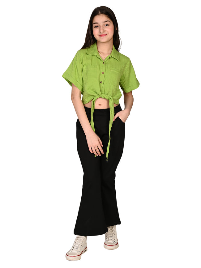 Shirt Collar Knot Tie up Top with Flared Pant Set