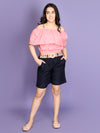 Pink Blue Off-Shoulder Crop with Belted Shorts Set