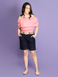 Pink Blue Off-Shoulder Crop with Belted Shorts Set