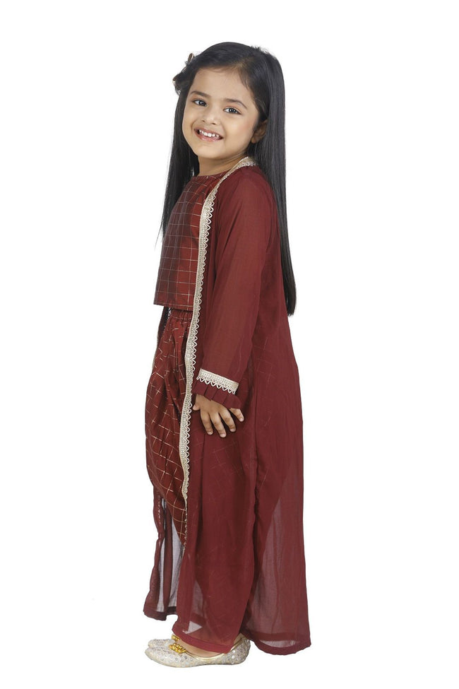 Lilpicks Check Brown  Top Dhoti  With Jacket  set