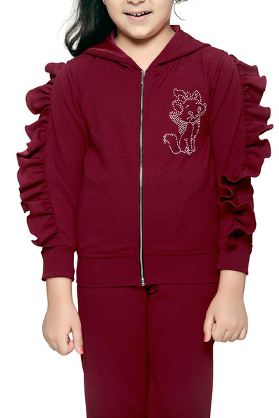 Wine Colour Ruffled sleeves crystal work Clothing Set