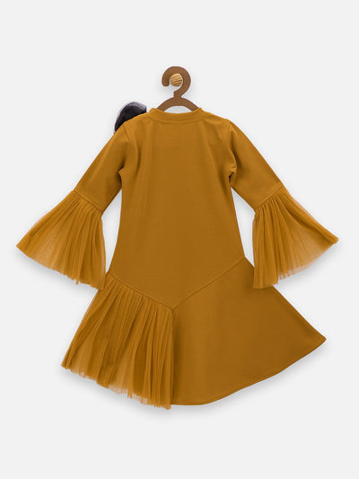Mustard Mesh Detailing Designer Dress