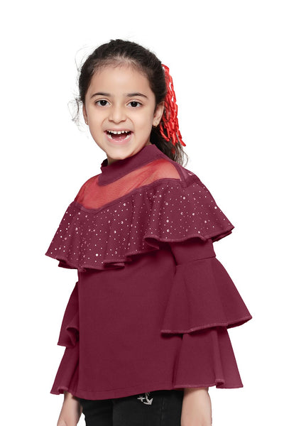 Wine crystal Work layered bell sleeves Top
