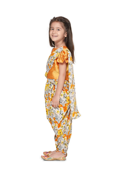 Lilpicks Fire Yellow Choli with Multi Colour Dhoti Saree Set