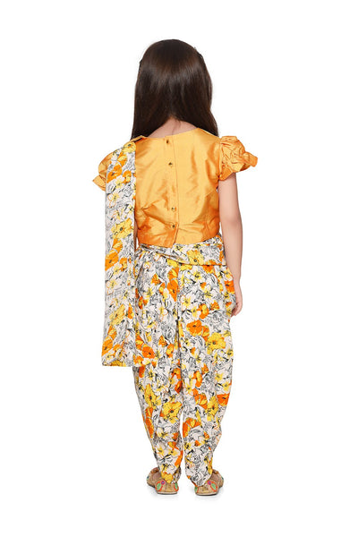 Lilpicks Fire Yellow Choli with Multi Colour Dhoti Saree Set